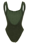 the hunza g square neck one-piece swimsuit defines the silhouette through minima