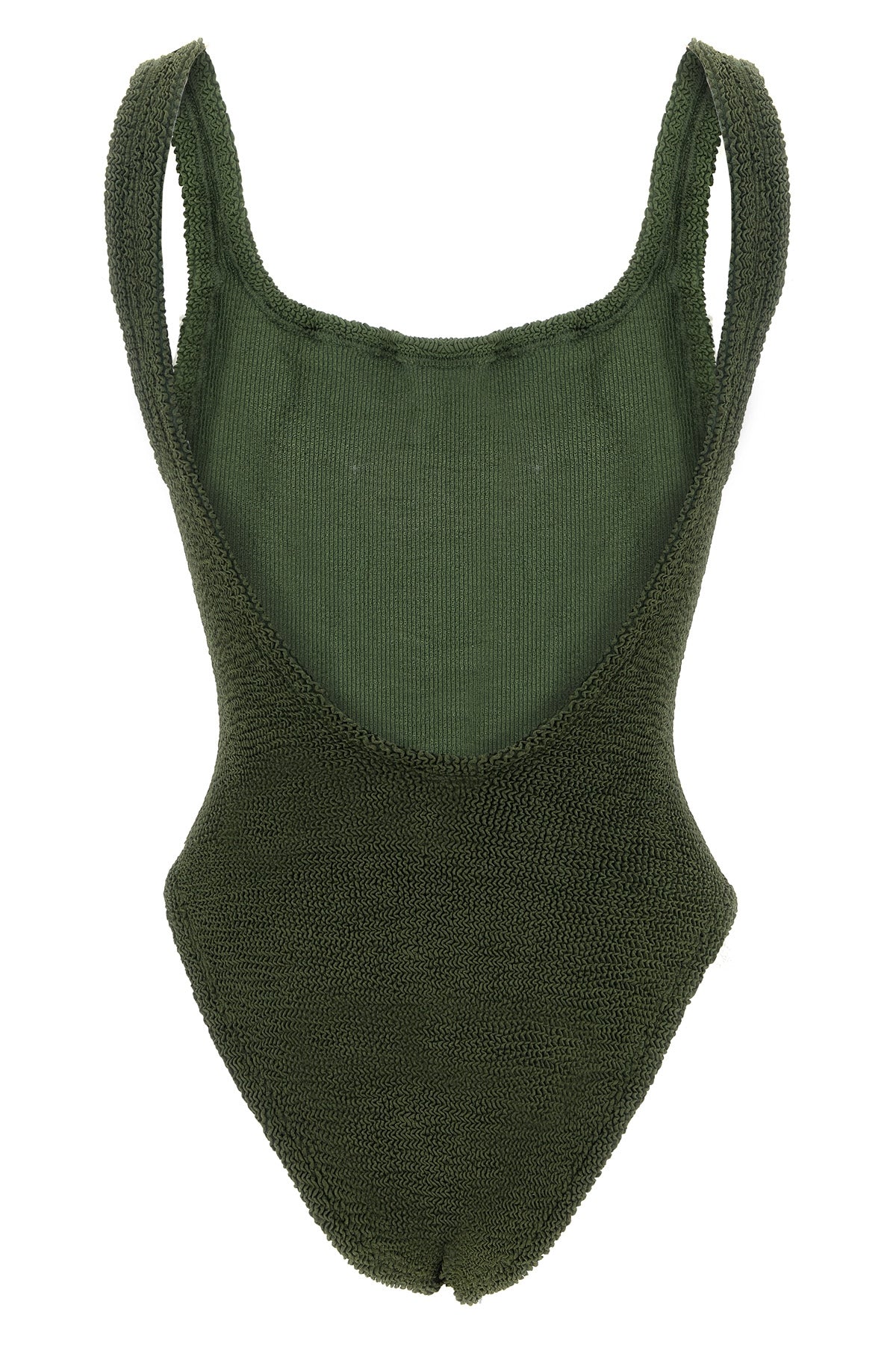 the hunza g square neck one-piece swimsuit defines the silhouette through minima