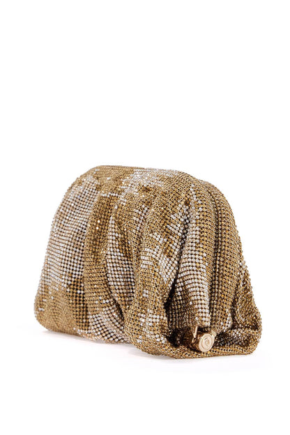 compact bag in sparkling gold rhinestone mesh with hook closure