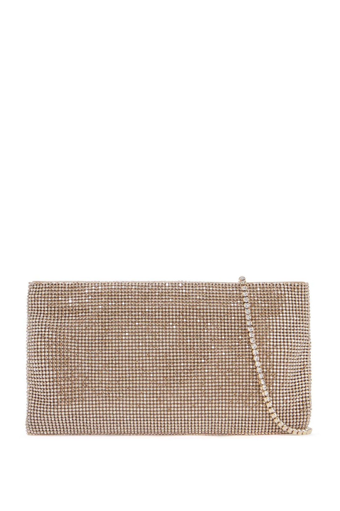 compact rectangular bag in light gold rhinestones with elegant and sophisticated chain