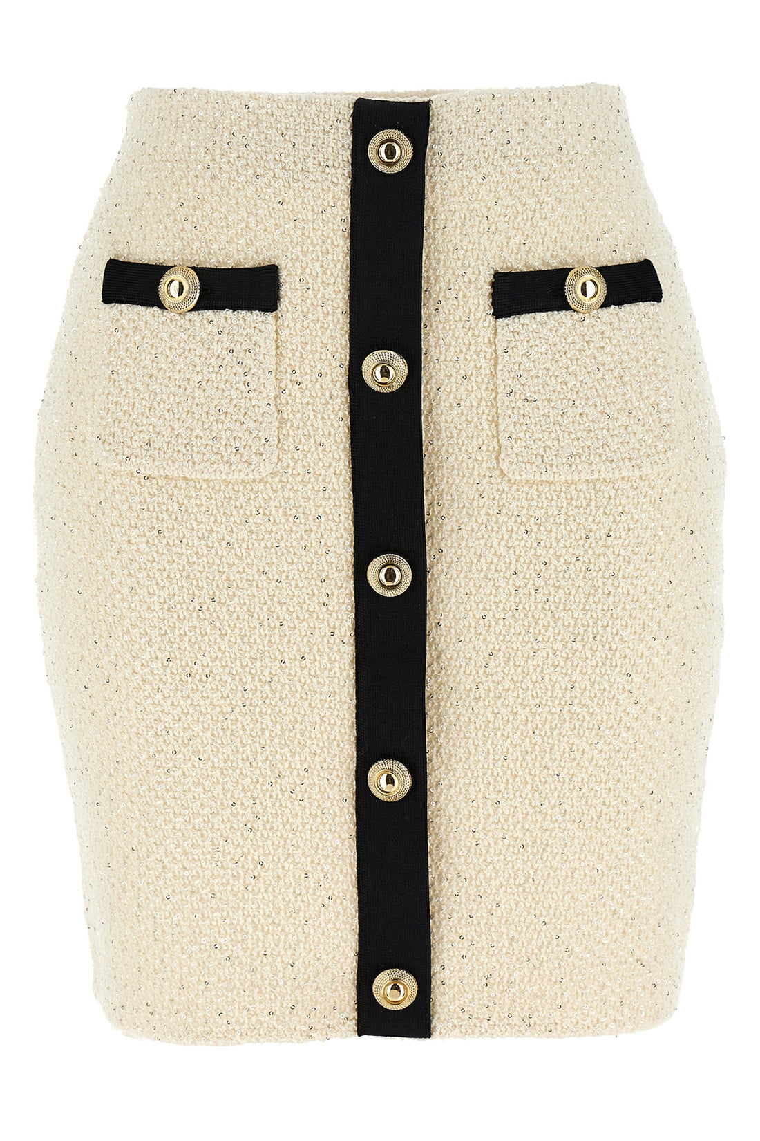 SELF PORTRAIT M cream sequin knit mini skirt in bouclé cotton and wool blend