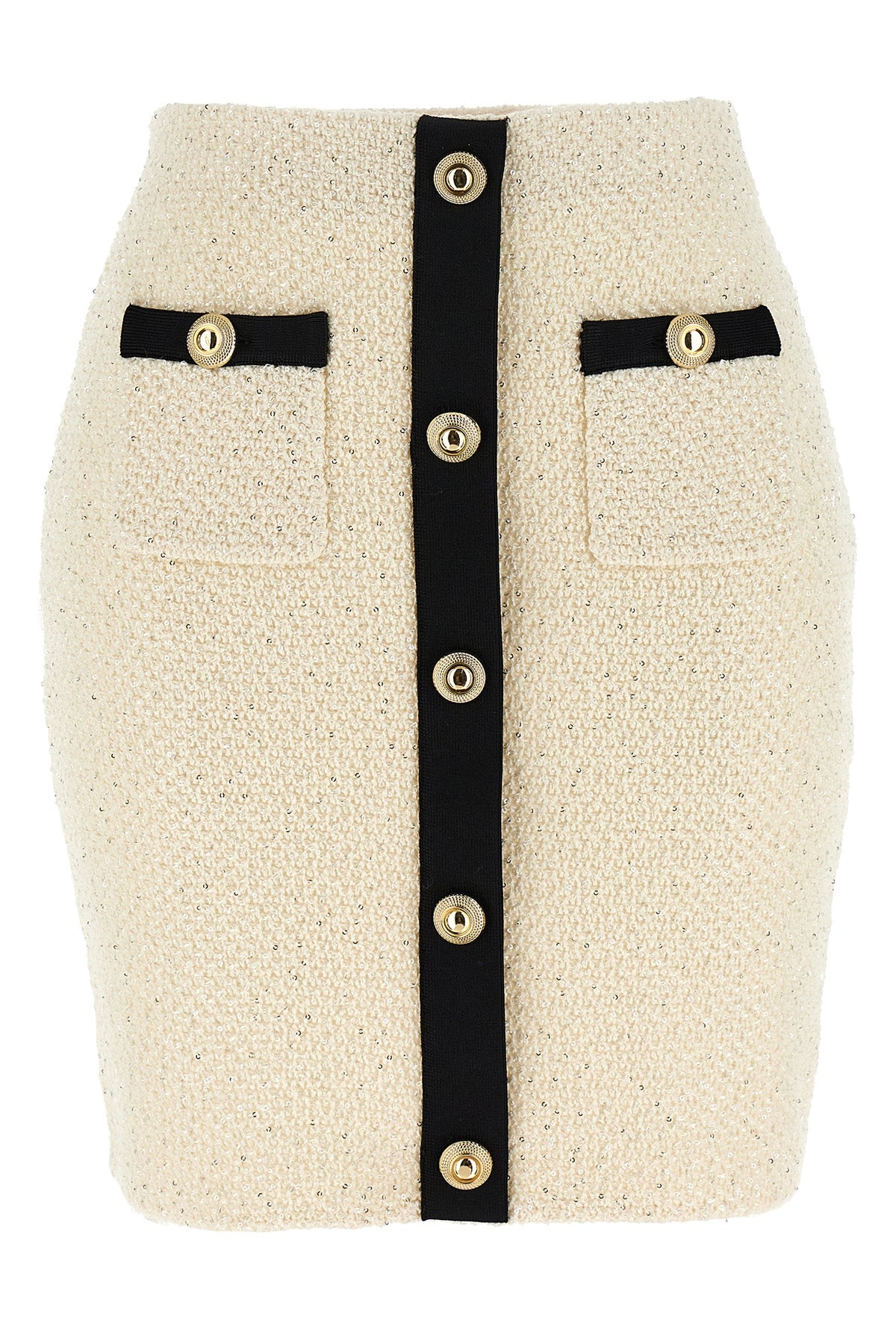cream sequin knit mini skirt in bouclé cotton and wool blend
