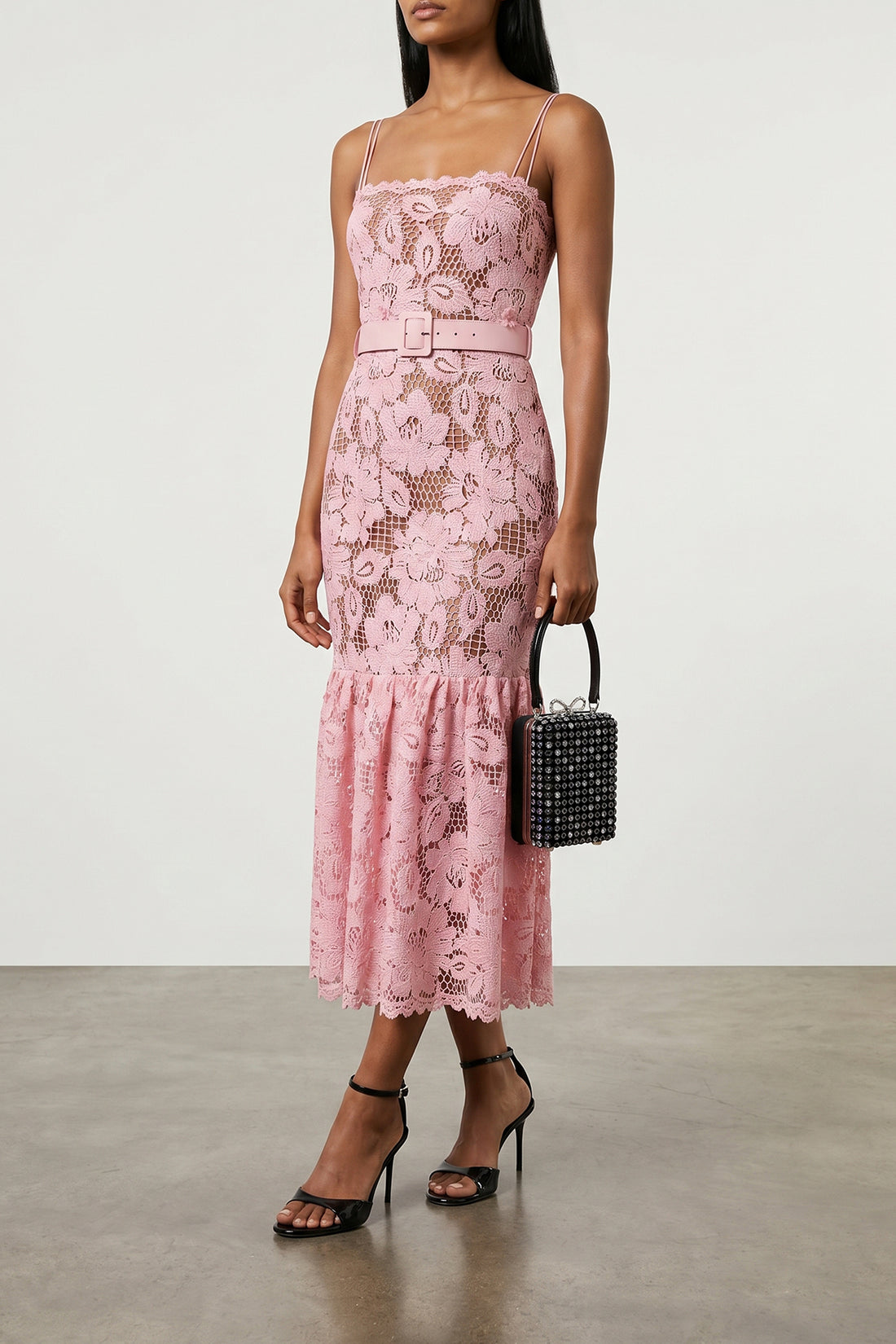 SELF PORTRAIT 8 pink crochet lace midi lace dress