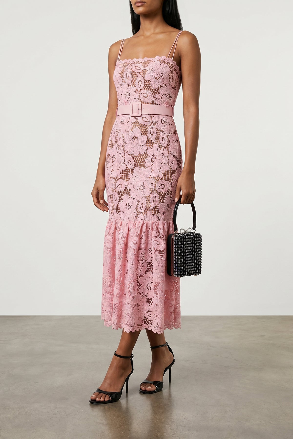 pink crochet lace midi lace dress