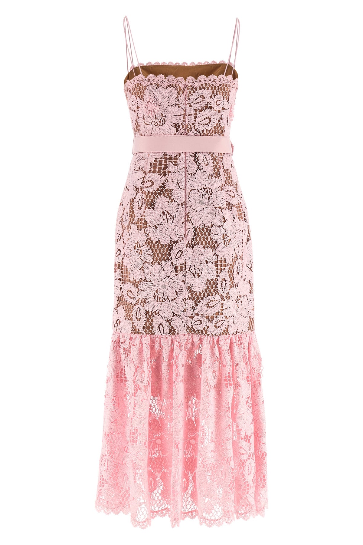 pink crochet lace midi lace dress