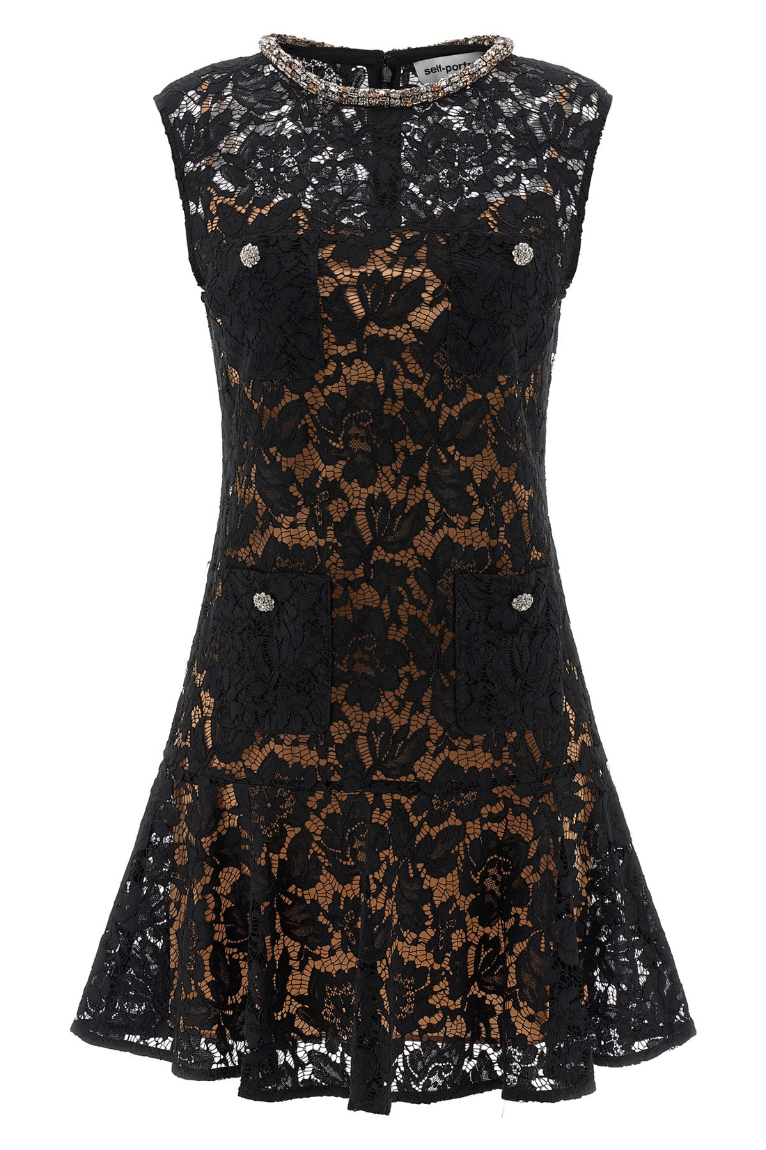 SELF PORTRAIT 6 mini black lace crystal openwork lace dress
