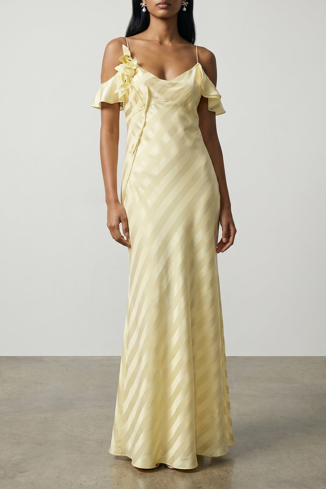 SELF PORTRAIT 12 long satin striped dress in slightly elasticized diagonal striped jacquard fab