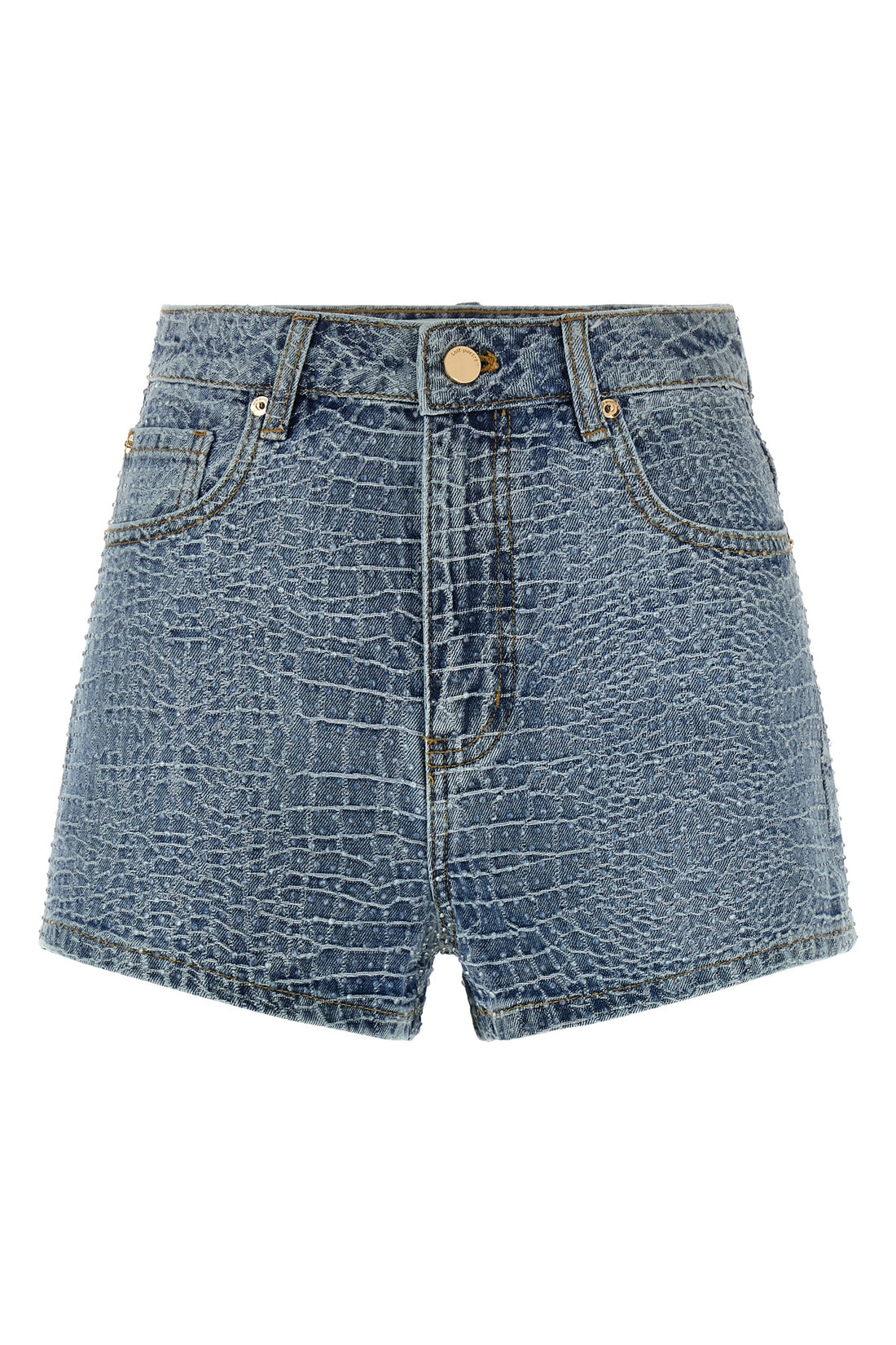 SELF PORTRAIT 24 rhinestone shorts in croc effect cotton denim