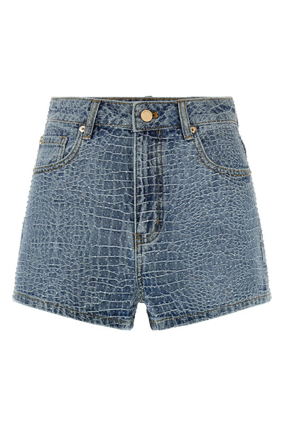 rhinestone shorts in croc effect cotton denim