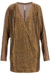 mini wrap dress with v-neck long sleeves shimmering bronze cocktail