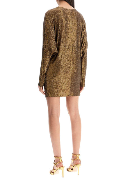 mini wrap dress with v-neck long sleeves shimmering bronze cocktail