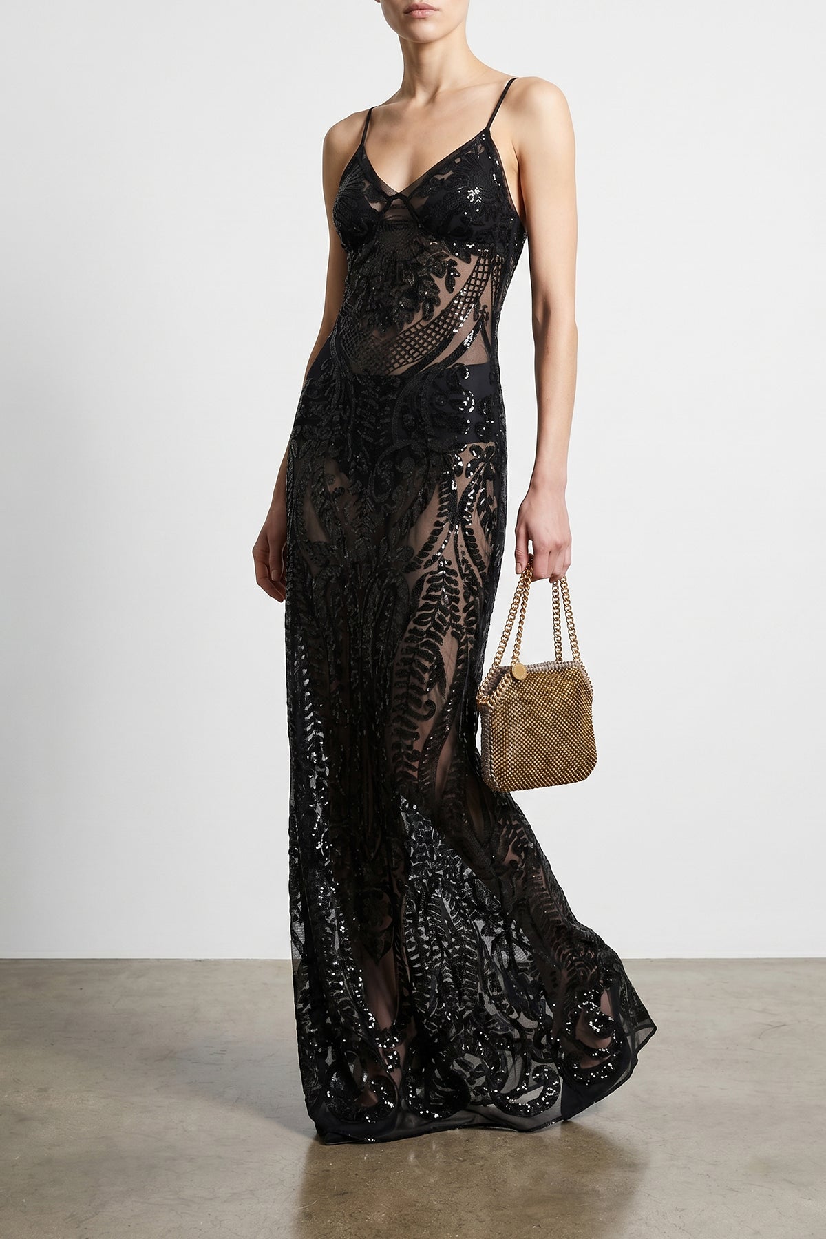 long dress in semi-transparent fabric