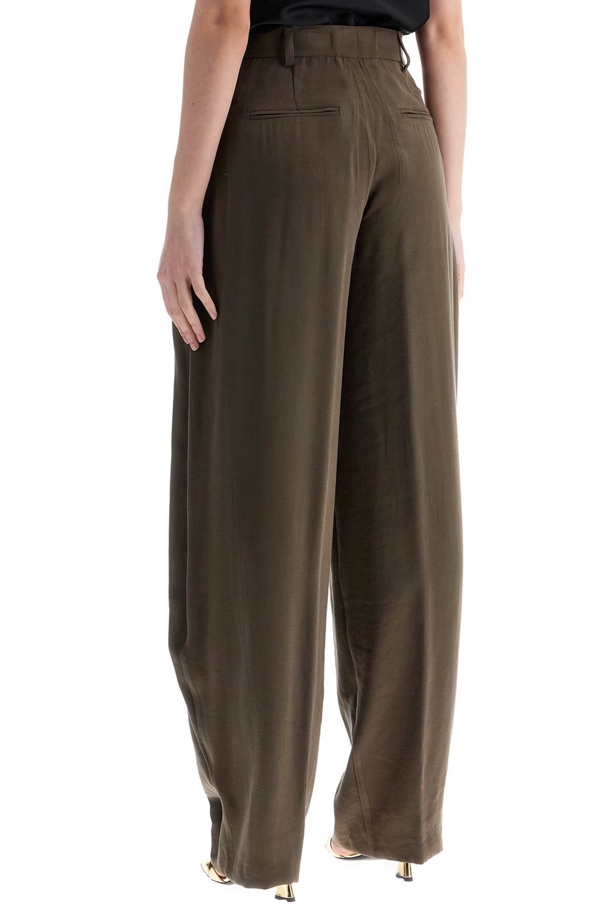 khaki wide leg viscose trousers with front pleats