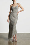 long rosetta dress in cold-dyed satin