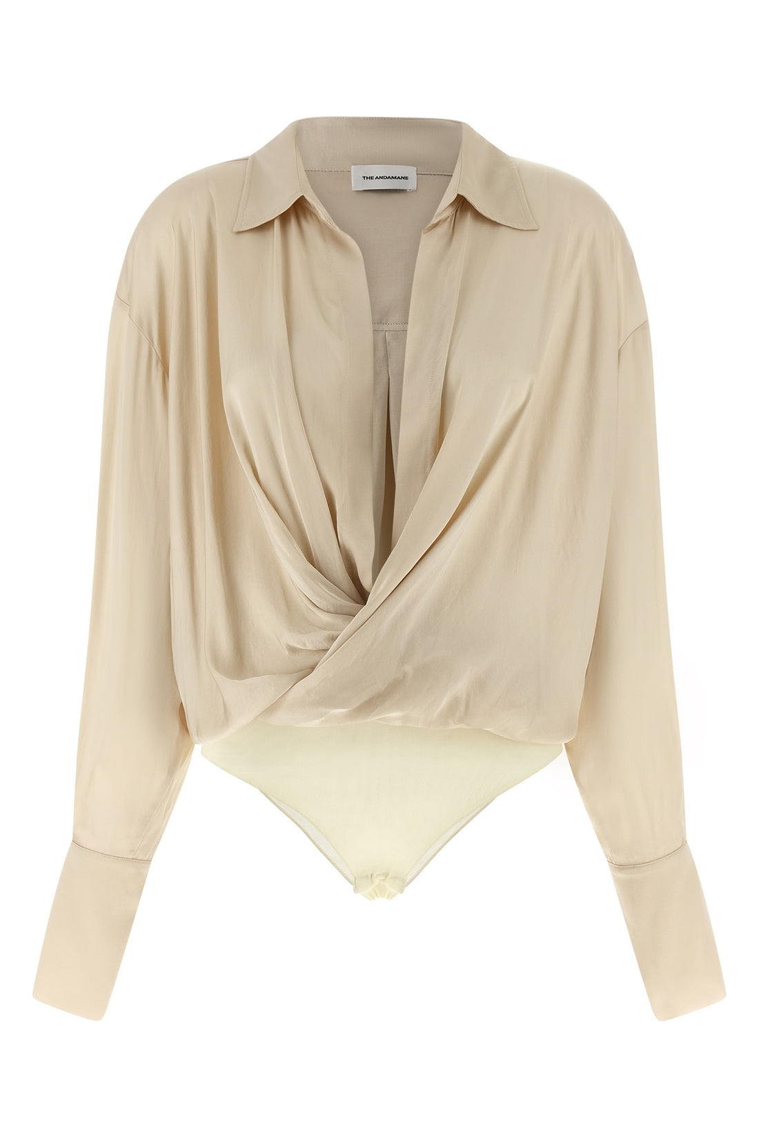 THE ANDAMANE 38 paloma shirt style bodysuit in cold-dyed satin