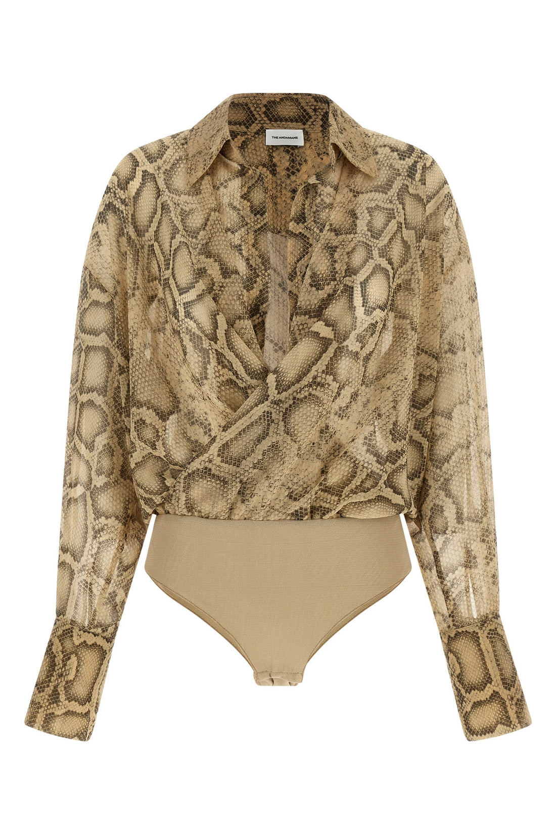 THE ANDAMANE 40 paloma bodysuit in semi-transparent python print fabric