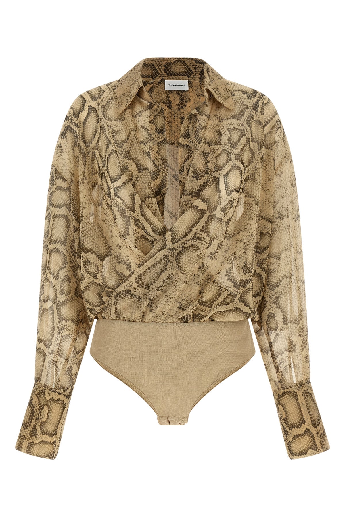 paloma bodysuit in semi-transparent python print fabric