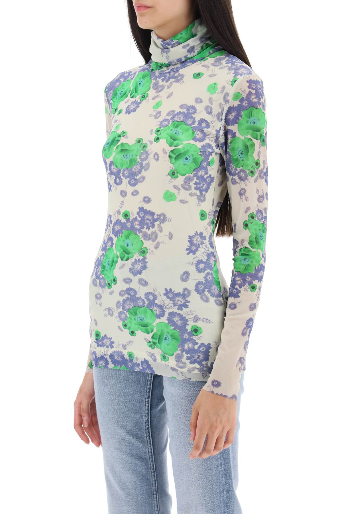 long-sleeved top in mesh with floral pattern