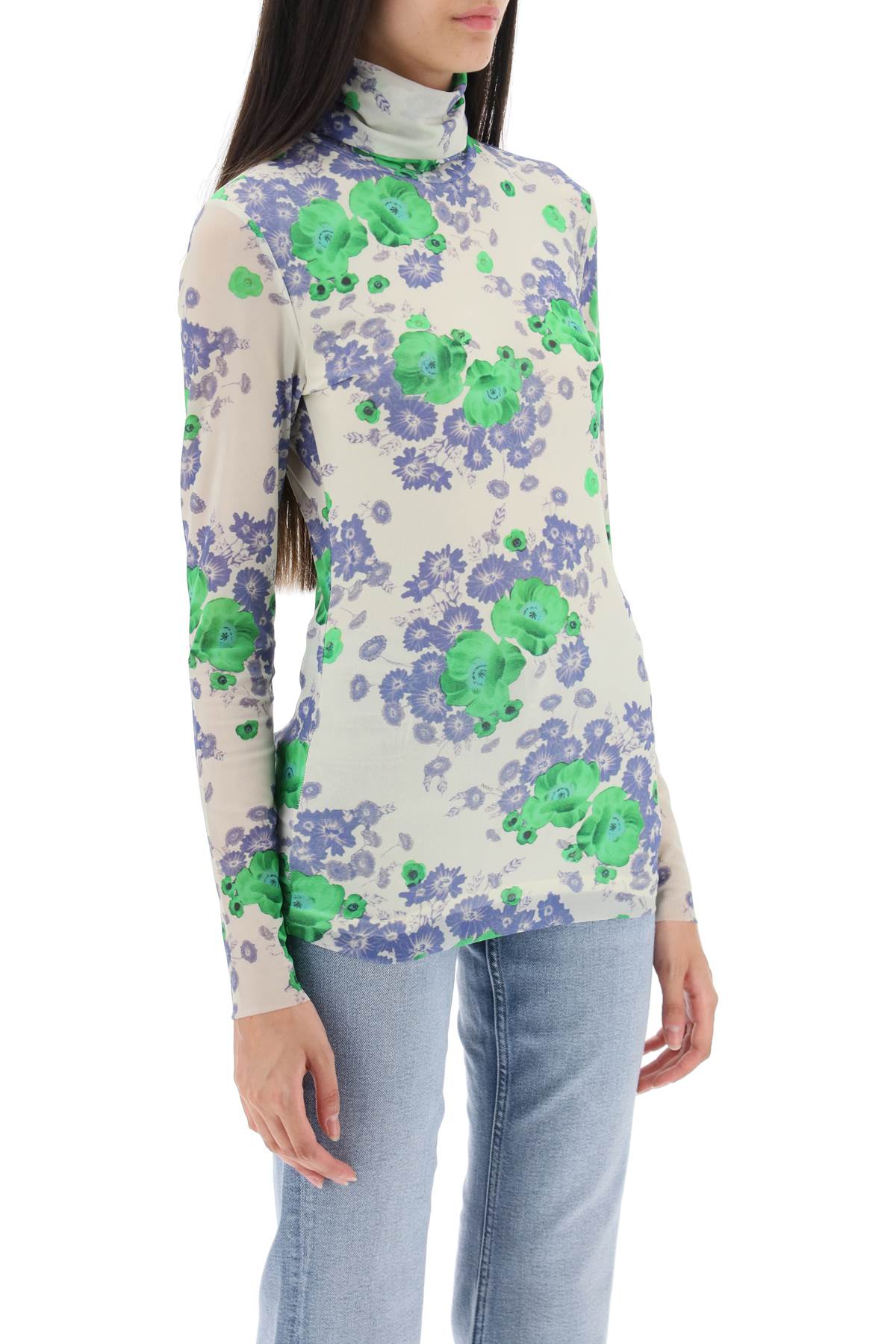 long-sleeved top in mesh with floral pattern