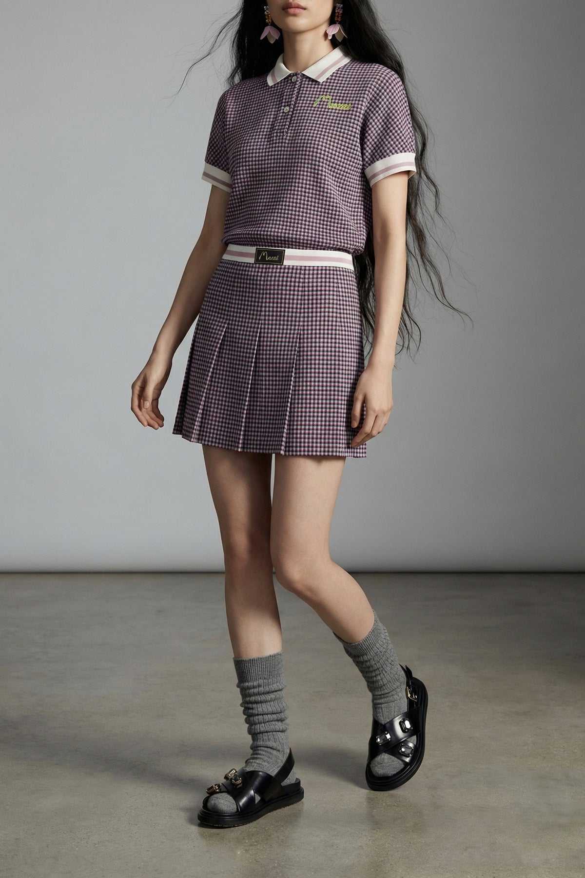 check patterned viscose blend polo shirt