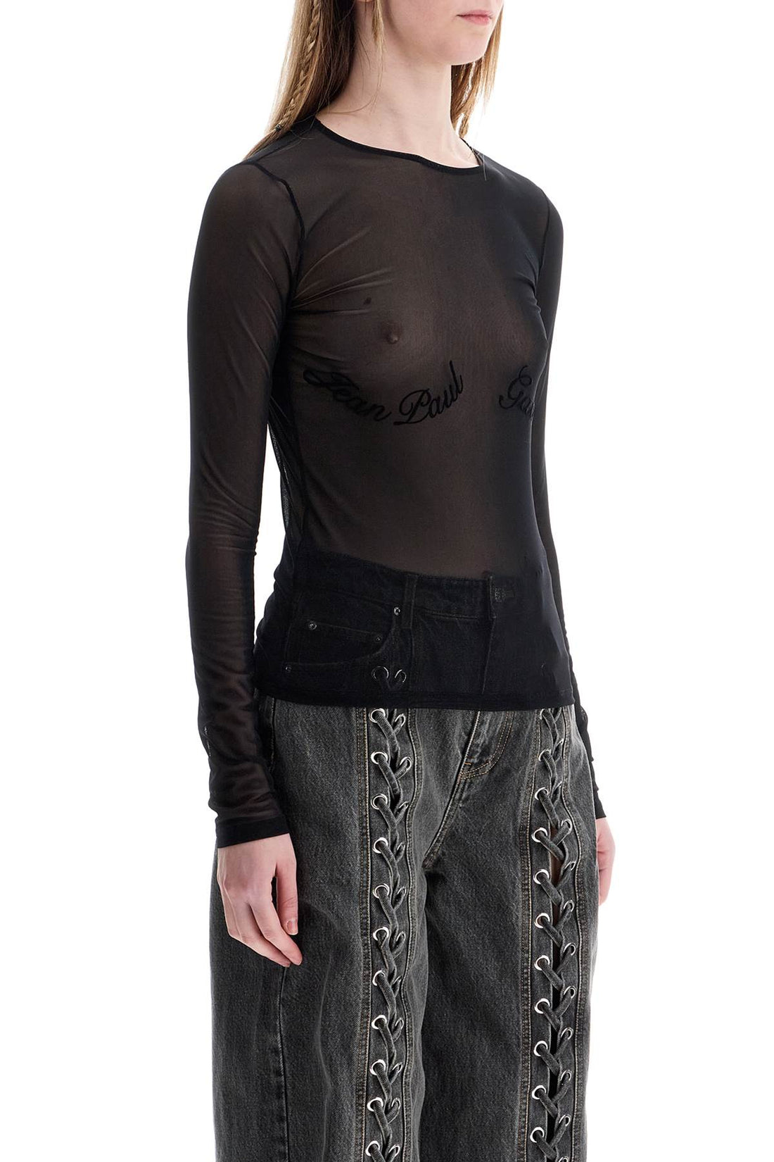 top in mesh velluto nero logato