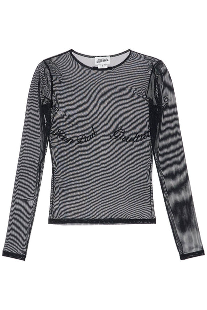 top in mesh velluto nero logato