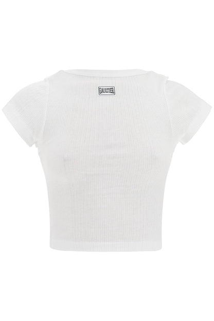 white cotton crop t-shirt with gaultier logo