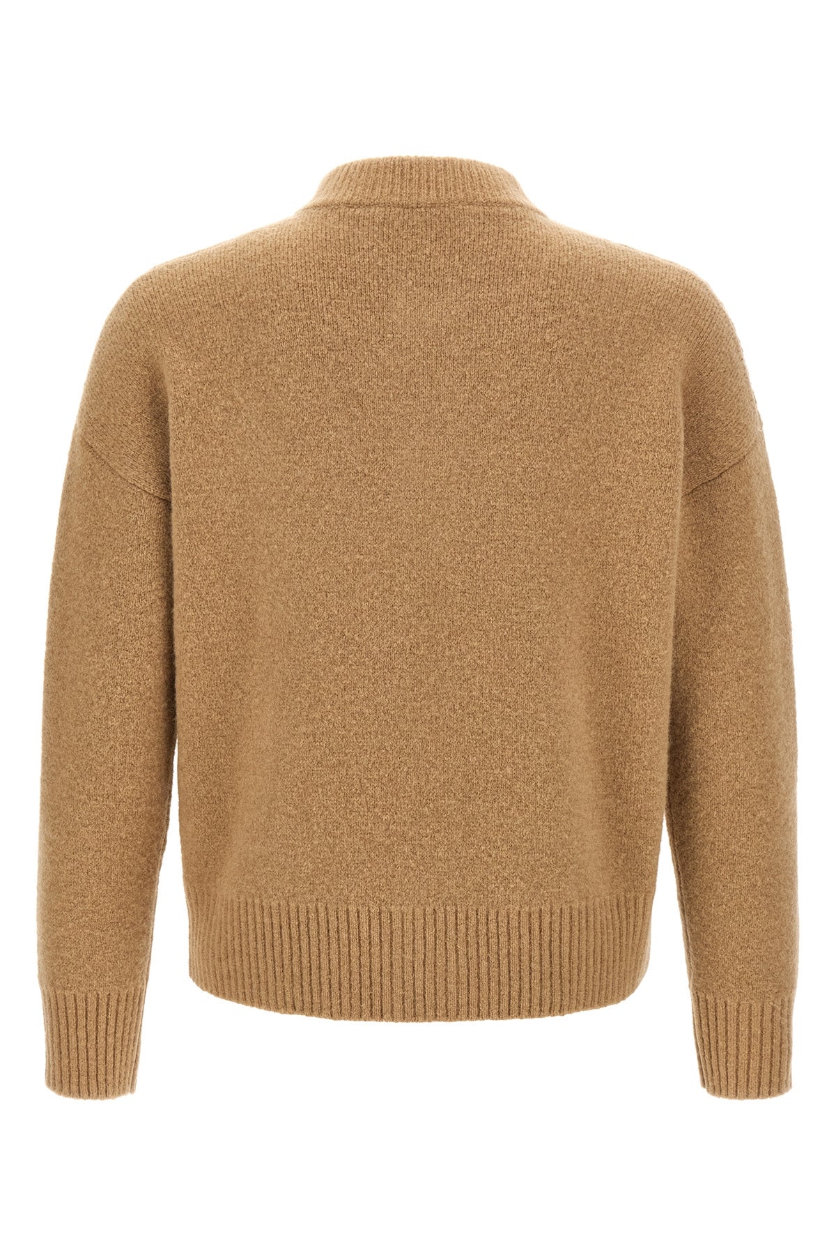 the ami paris camel cardigan redefines contemporary knitwear through relaxed vol
