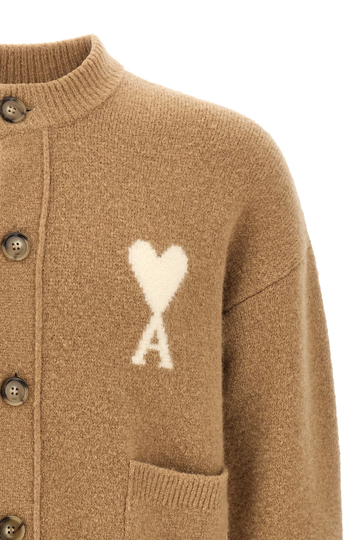 the ami paris camel cardigan redefines contemporary knitwear through relaxed vol
