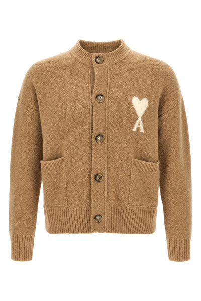 the ami paris camel cardigan redefines contemporary knitwear through relaxed vol