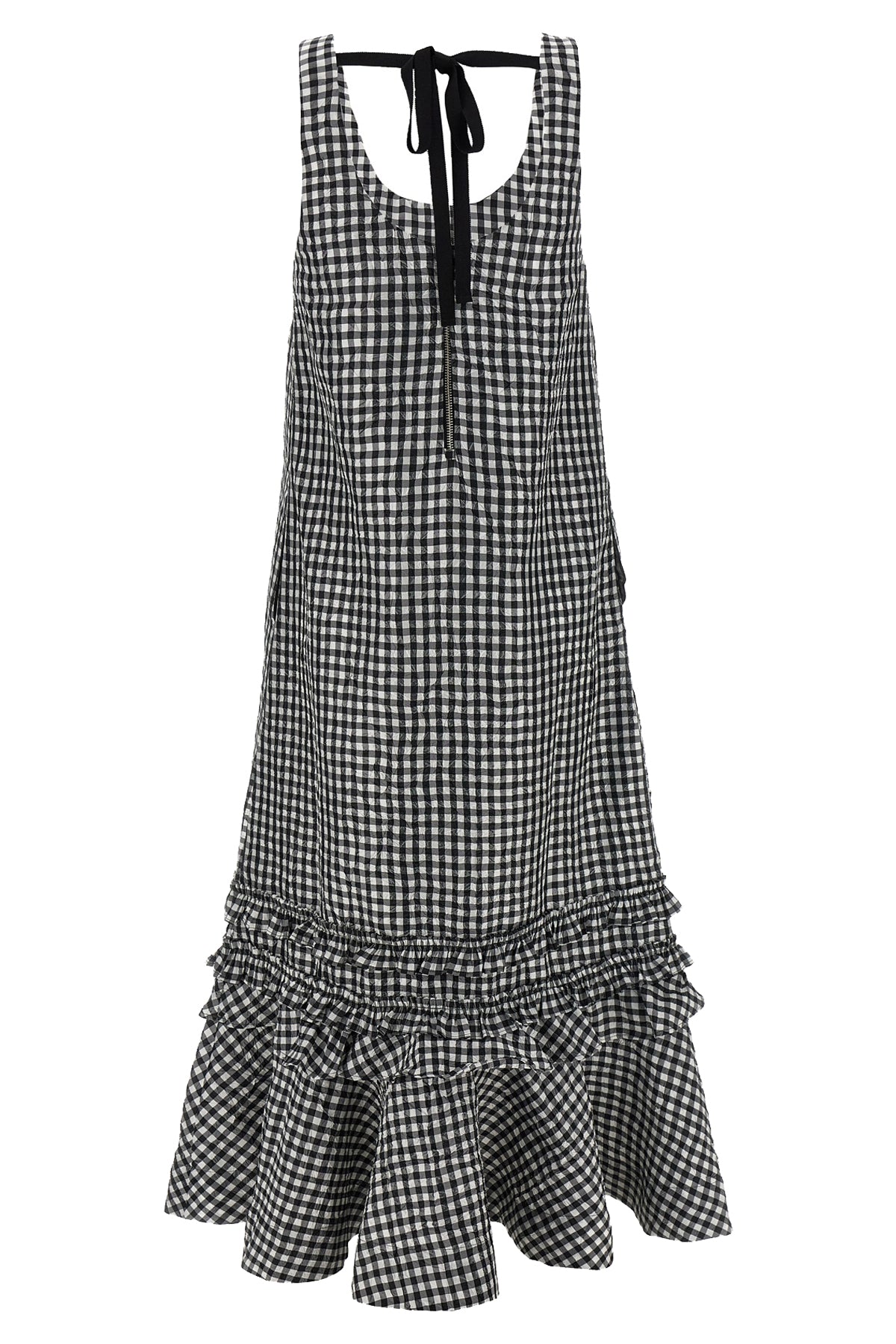 crinkled check long sleeveless dress in crinkled vichy fabric