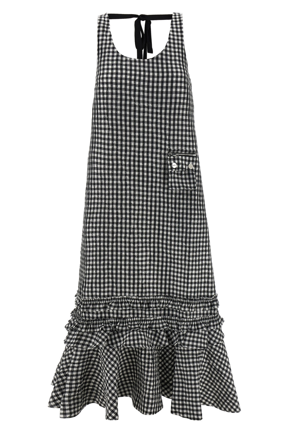 GANNI 36 crinkled check long sleeveless dress in crinkled vichy fabric