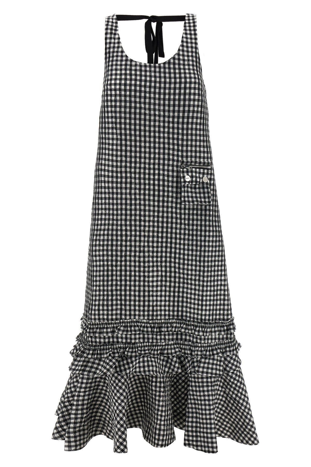 crinkled check long sleeveless dress in crinkled vichy fabric