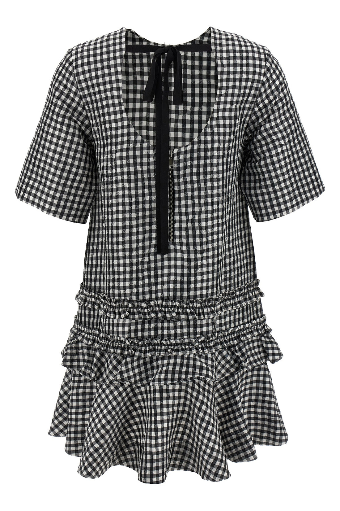 GANNI 34 crinkled check mini dress in crinkled vichy fabric