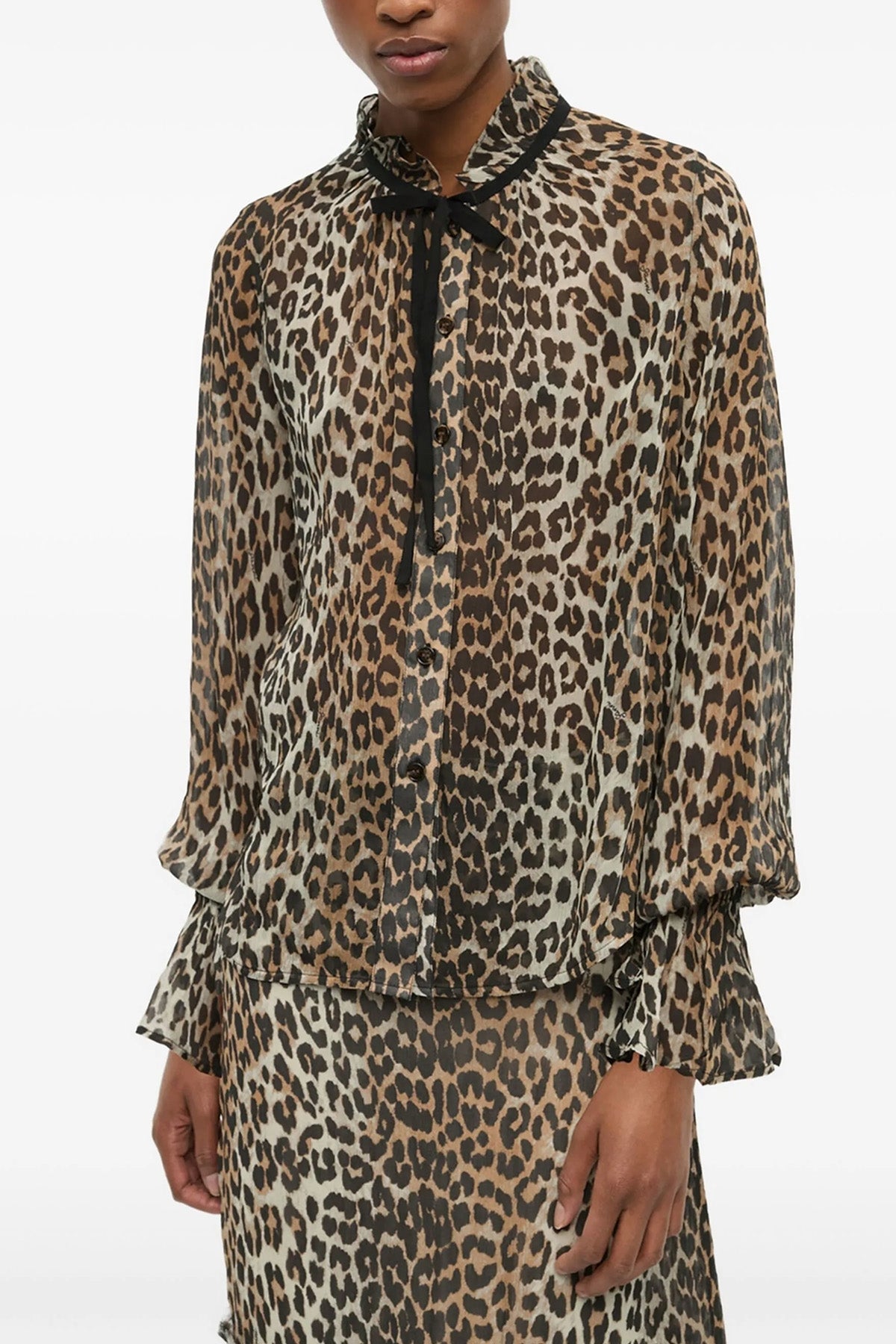 leopard print chiffon tie string shirt in light viscose semi-transparent leopa