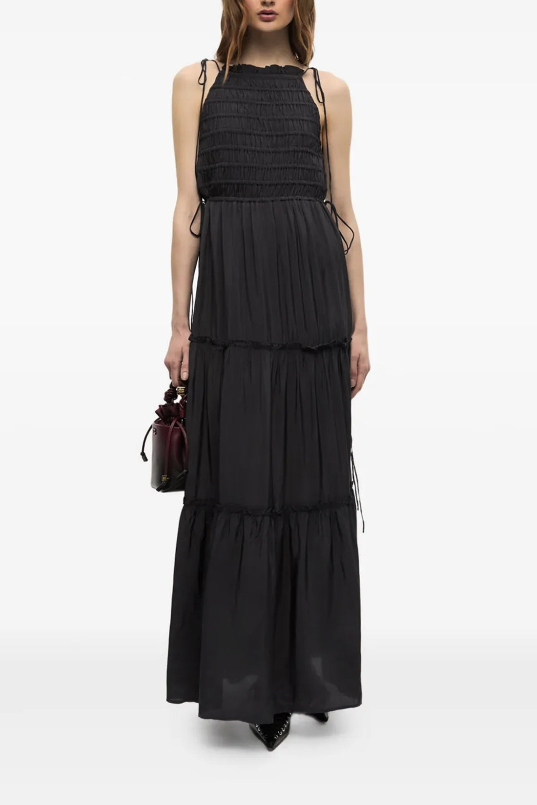 GANNI 34 long viscose dress black smock tie