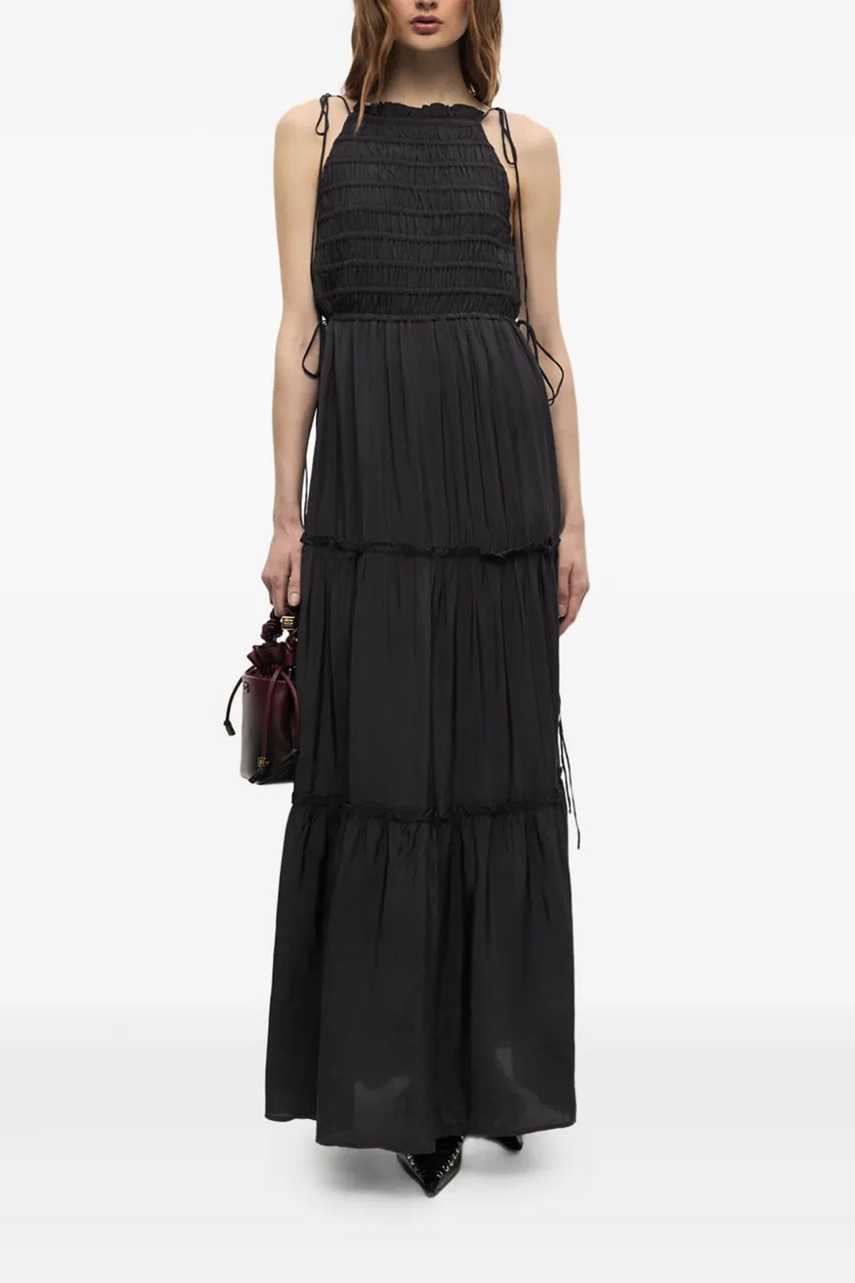 long viscose dress black smock tie