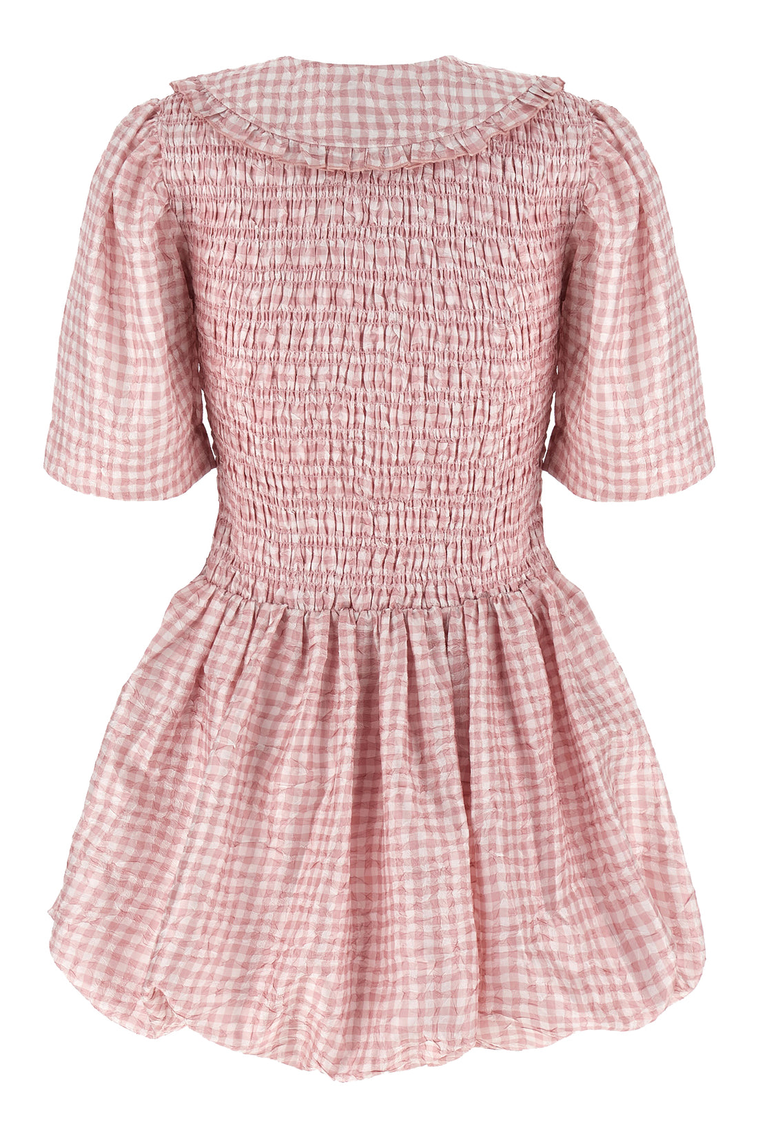 GANNI 36 mini pink check dress in all-over textured check print synthetic fabric