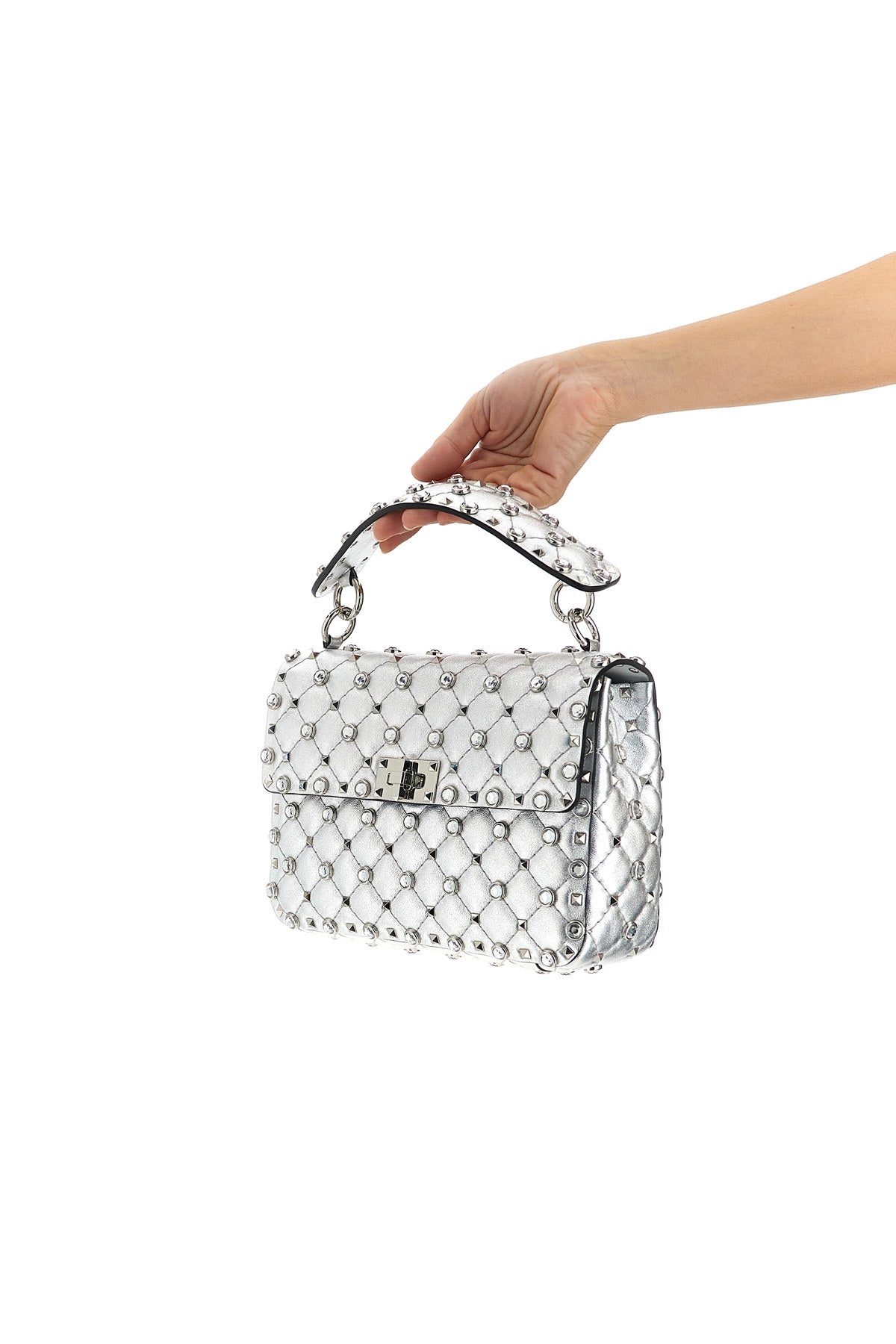 rockstud spike shoulder bag in laminated soft nappa leather