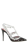 rockstud pumps in lace and laminated leather