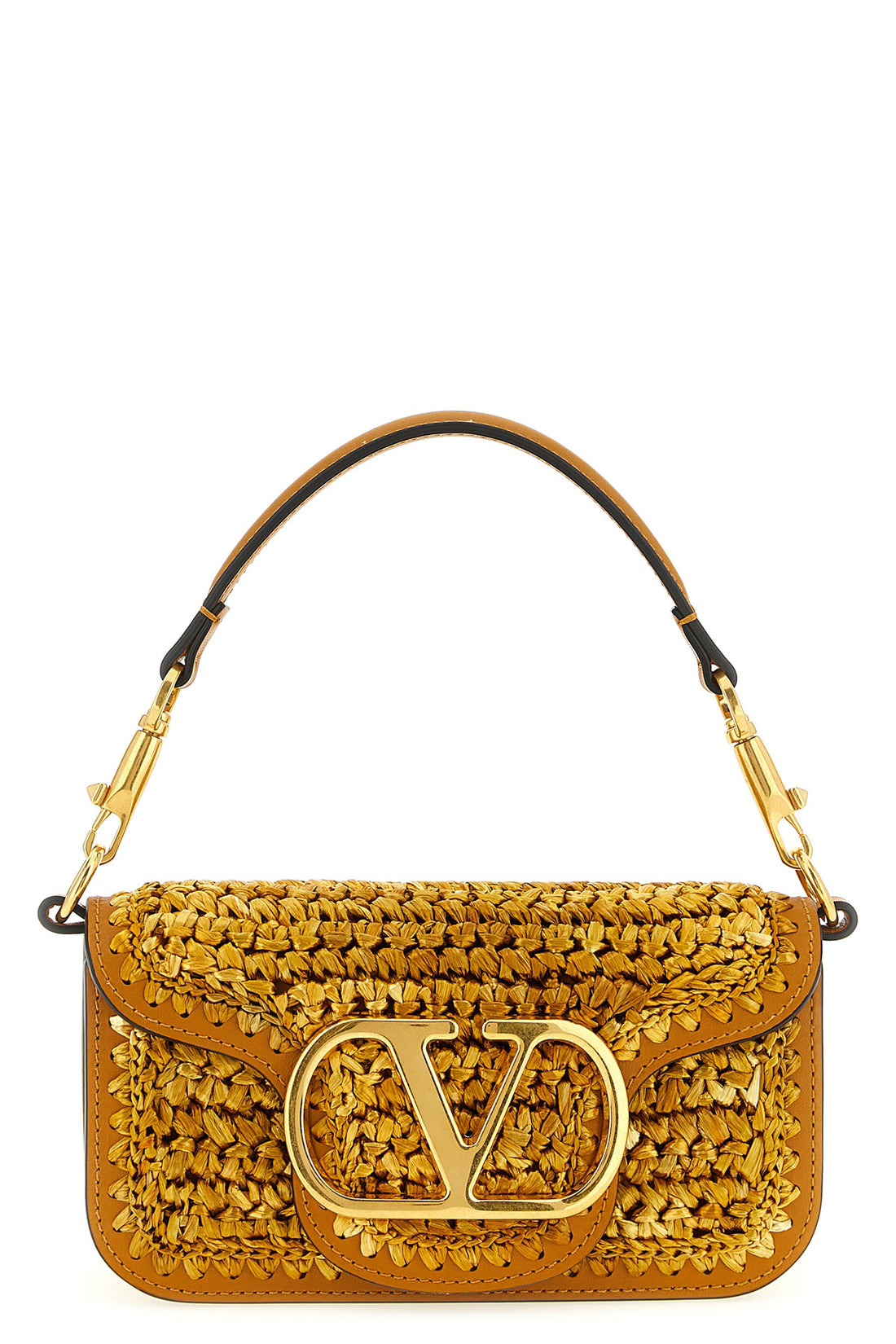 VALENTINO GARAVANI OS small locò shoulder bag in crochet shiny raffia and calf leather