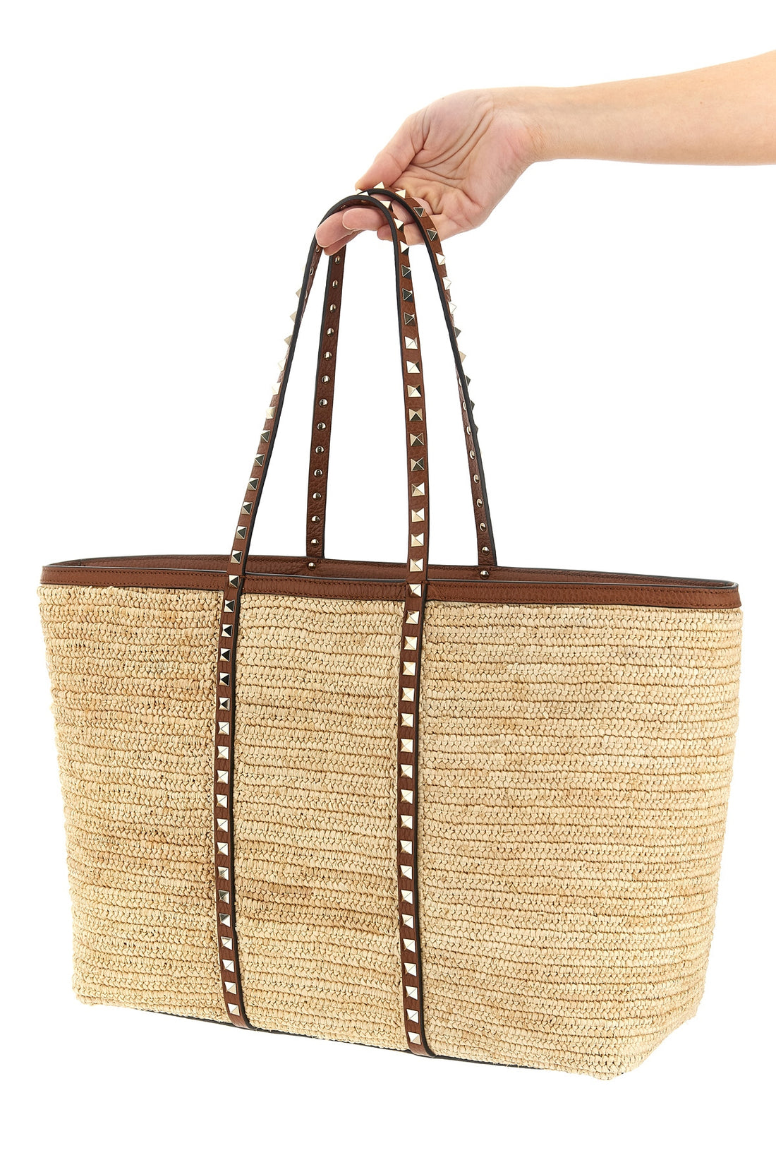 VALENTINO GARAVANI OS large rockstud shopping bag in woven natural raffia