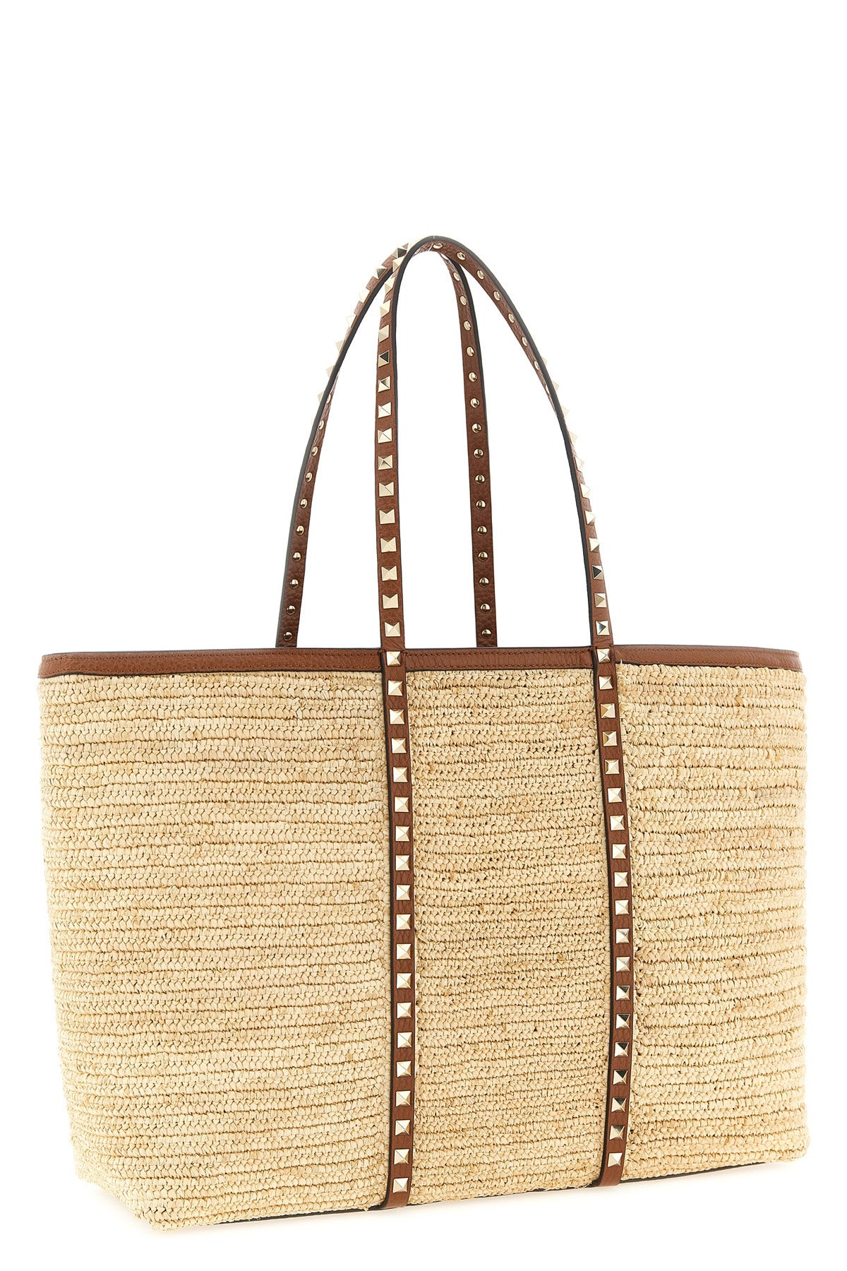 large rockstud shopping bag in woven natural raffia