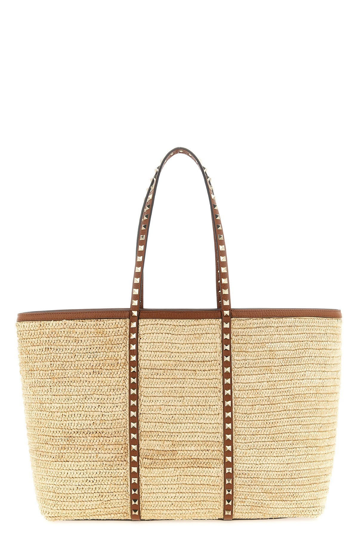 large rockstud shopping bag in woven natural raffia