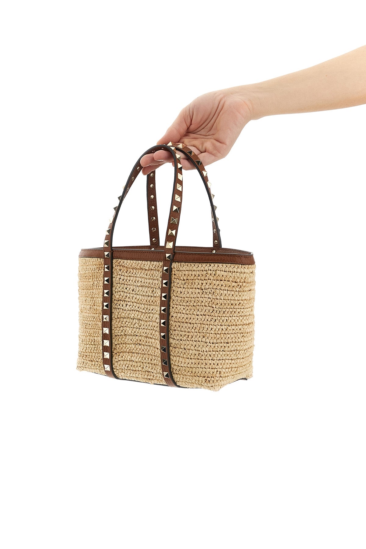 rockstud mini shopping bag in natural woven raffia