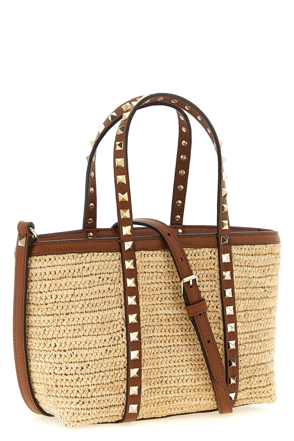 rockstud mini shopping bag in natural woven raffia