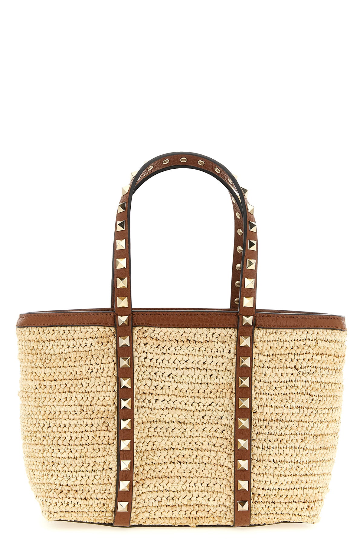 rockstud mini shopping bag in natural woven raffia