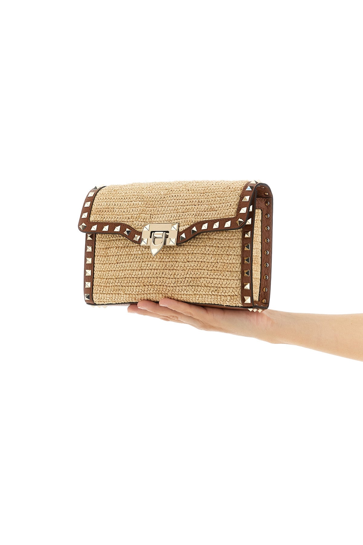 small rockstud crossbody bag in woven natural raffia
