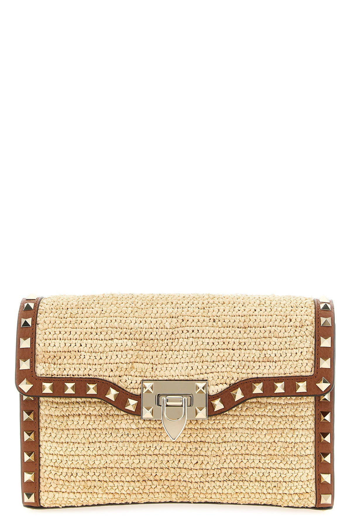 small rockstud crossbody bag in woven natural raffia