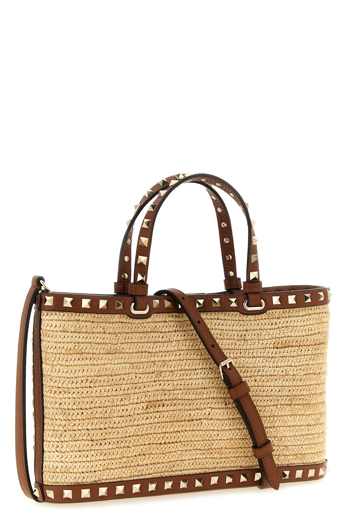 small rockstud shopping bag in natural woven raffia